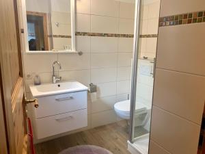 a small bathroom with a sink and a toilet at Ferienhaus 6 an der Ostsee in Schönhagen in Brodersby OT Schönhagen