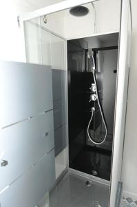 een douche met een glazen deur in de badkamer bij Près des Bassins, Appartement 35m2 hyper centre Honfleur in Honfleur