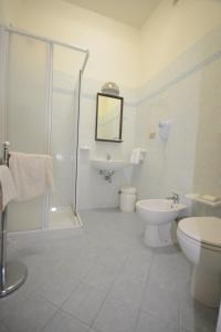 ein Bad mit einer Dusche, einem WC und einem Waschbecken in der Unterkunft Hotel Roxy Floridiana in Rimini