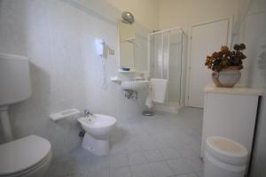 ein weißes Bad mit einem WC und einem Waschbecken in der Unterkunft Hotel Roxy Floridiana in Rimini