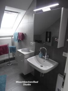 a bathroom with a sink and a mirror at Haus Sonneneck in Bad Bocklet