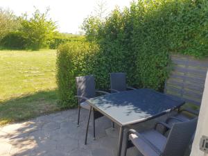 une table et des chaises assises sur une terrasse dans l'établissement Feriestedet Skovly, à Klemensker