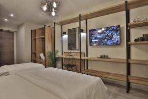 a bedroom with a bed and a tv on the wall at Hotel Hermes Pieria in Olympiaki Akti