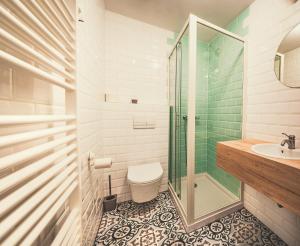 a bathroom with a shower and a toilet and a sink at Vila Koman Jezersko in Zgornje Jezersko