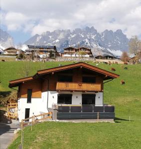 a building in a field with mountains in the background at Alpenchalet "DAHOAM" in Going
