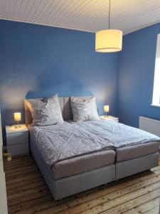 a blue bedroom with a bed with two pillows at Freiraum in Flensburg