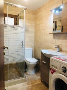 a bathroom with a toilet and a sink and a washing machine at Kamares Stone House 1 in Álika