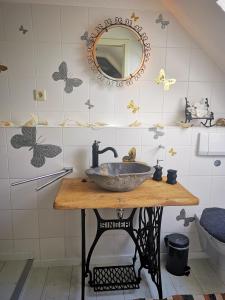 a bathroom with a sink and a mirror at Rustikale Wohnung in Patzig