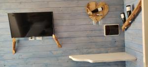 a tv on a blue wall with a bench and a shelf at Il Giardino dei Flintstones B&B in Cerveteri