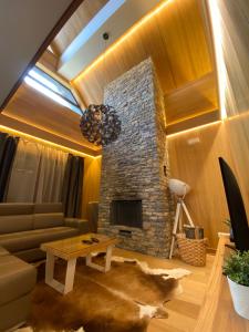 uma sala de estar com um sofá e uma lareira de pedra em Vila Tara em Žabljak
