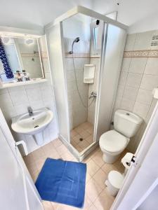a bathroom with a toilet and a shower and a sink at Anna Studios in Katapola