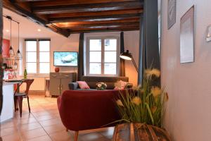 uma sala de estar com um sofá vermelho e uma cozinha em Appartement L'Elégant de la Petite Venise em Colmar