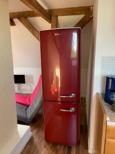 a red refrigerator in a kitchen with a room at Das Haus am Teich in Besitz