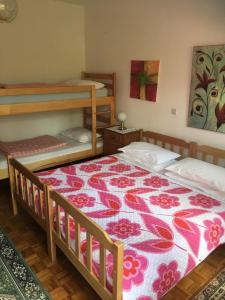 HOSTEL-SezanaLOKEV B&B في سيجانا: غرفة نوم مع سريرين بطابقين مع لحاف متهالك