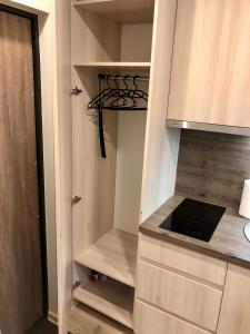 a small kitchen with a cupboard and a stove at Kitas krantas in Juodkrantė +20 photos