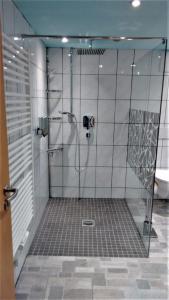 a shower with a glass door in a bathroom at Ferienwohnung Schaule in Bolsterlang
