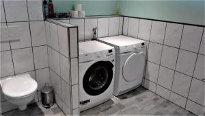 ein Badezimmer mit einer Waschmaschine und einem WC in der Unterkunft Ferienwohnung Schaule in Bolsterlang