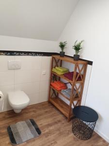 La salle de bains est pourvue de toilettes et d'une étagère avec des plantes. dans l'établissement bs-fewo de - Ferienwohnung Janssen, à Brunswick