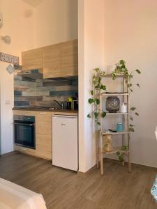 una cucina con frigorifero bianco e mensola con piante di A due passi dal mare e da tutte le attrazioni a Costa Rei
