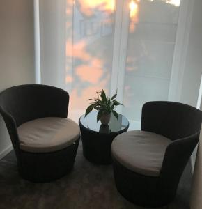 two chairs and a table with a potted plant in a room at VILLA FER-GUY " Beeldige Suite met parking, nabij strand en casino" in Knokke-Heist