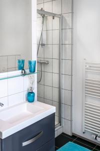uma casa de banho com um lavatório branco e um chuveiro em B&B Carpe Diem em Hulst