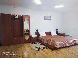 1 dormitorio con cama y espejo grande en Лісова Пісня Апартаменти, en Husyatyn