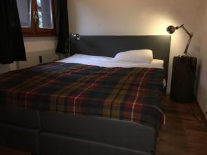 a bedroom with a bed with a blanket and a lamp at Aragon lodge in Ernen