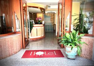 un pasillo de hotel con una maceta en el suelo en Hotel Margherita, en Lido di Jesolo
