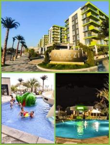 uma colagem de duas fotografias de uma piscina de resort em ALZ Beach Apartments in Alezzi Beach Resort em Mamaia Nord – Năvodari