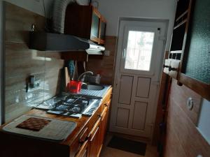 a kitchen with a stove and a sink and a door at Casa Elena in Constanţa