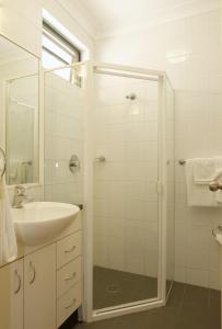 a bathroom with a shower, sink, and mirror at Maclin Lodge Motel in Campbelltown