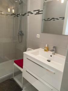 Appartements 5MIN MONTE CARLO في بوسولاي: حمام مع حوض أبيض ودش