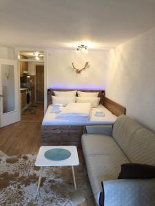a room with two beds and a couch and a clock on the wall at Apartment Haus Föhrenwald in Seefeld in Tirol