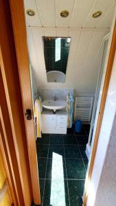 ein kleines Bad mit einem Waschbecken und einem Spiegel in der Unterkunft Ferienwohnung im Dachgeschoss in Gotthun