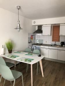 cocina con mesa y sillas en una habitación en Appartement Waddengeluk Resort Amelander Kaap! en Hollum