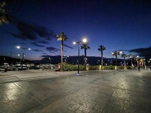 a parking lot with palm trees and lights at night at City center apartment in Koper