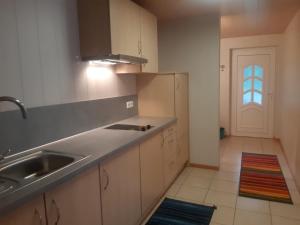 een keuken met witte kasten, een wastafel en een deur bij Alpen Ferienwohnung Ill in Lappago