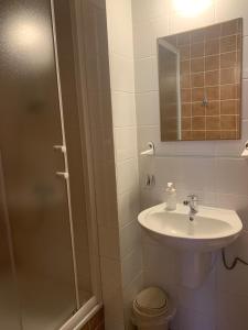 a bathroom with a sink and a shower at Hotelik in Chełmno +37 photos