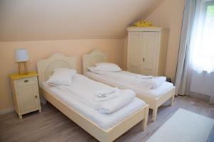 two twin beds in a room with a window at Cosbuc Residence & Villa in Sighişoara