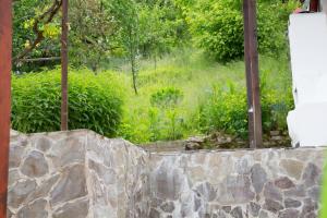 een stenen muur met uitzicht op een tuin bij Cosbuc Residence & Villa in Sighişoara