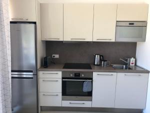 eine Küche mit weißen Schränken und einem Kühlschrank aus Edelstahl in der Unterkunft Ski & Bike apartment Bublava in Bublava