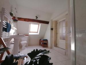 une salle de bain avec un lavabo, des toilettes et une douche dans l'établissement Au bout du chemin, à Châteauvieux 14 autres photos