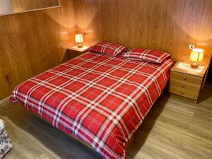 1 cama con manta de cuadros rojos y 2 mesitas de noche en Villa Tisot, en Fiera di Primiero