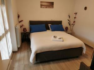 una camera da letto con un grande letto con cuscini blu di Via Roma a L'Aquila