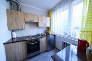 a kitchen with wooden cabinets and a stove and a window at Apartment Daga w centrum in Szklarska Poręba
