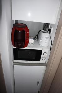 a microwave and toaster sitting on top of a refrigerator at Apartmány Freesia in Jablonec nad Nisou