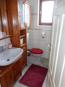 a bathroom with a sink and a toilet with a red seat at Villa AnaAngela in Malinska