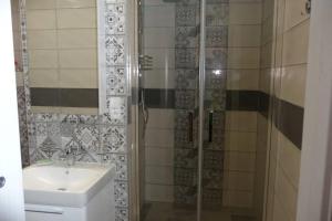 bagno con lavandino e doccia in vetro di Apartman Q11 a Sokolov