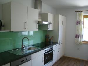 eine Küche mit weißen Schränken und einem Waschbecken in der Unterkunft Haus Mariechen in Hollenstein an der Ybbs
