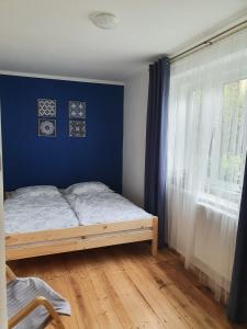 - une chambre avec un lit et un mur bleu dans l'établissement Apartmán Wake, à Česká Lípa